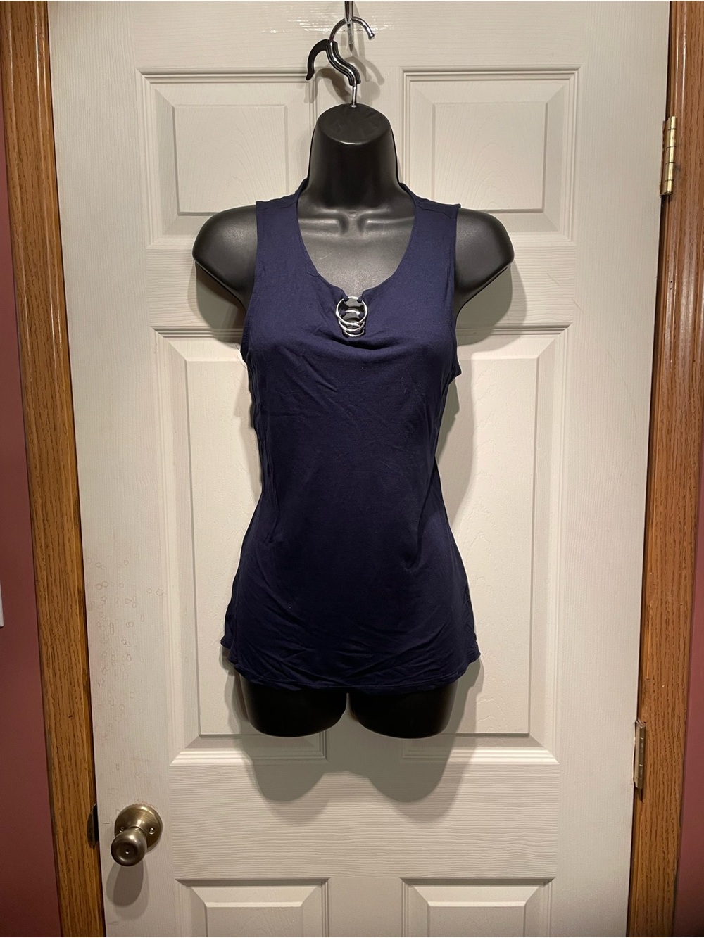 New York & Company Navy Sleeveless Tank with Front Ring Accent